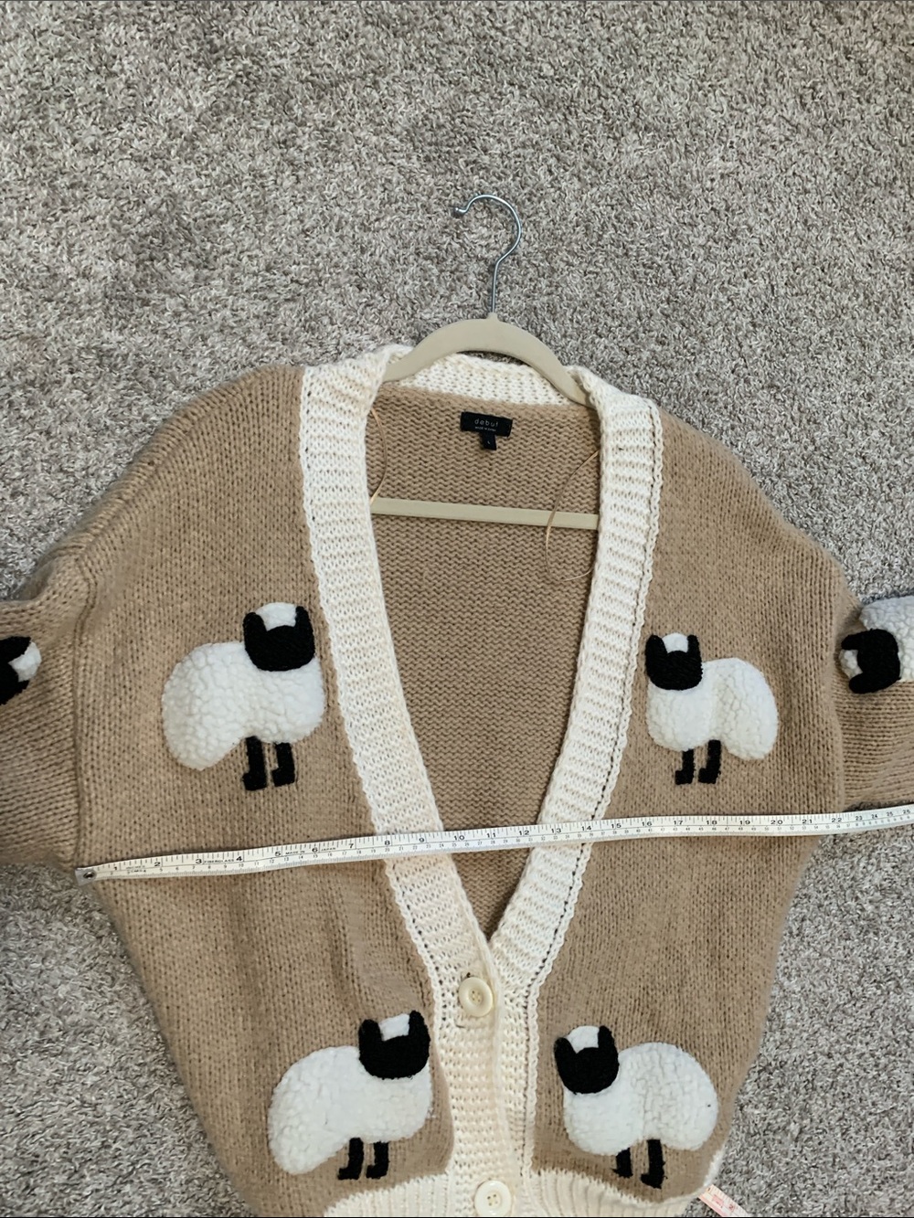 debut Beige Sheep Appliqué V-Neck Cardigan Sweater with Cream Trim - Picture 7 of 7